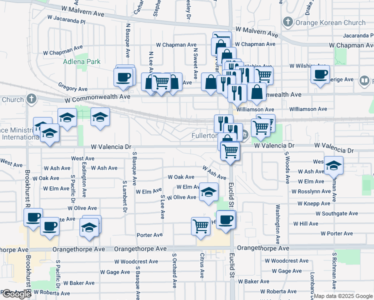 map of restaurants, bars, coffee shops, grocery stores, and more near 1201 West Valencia Drive in Fullerton