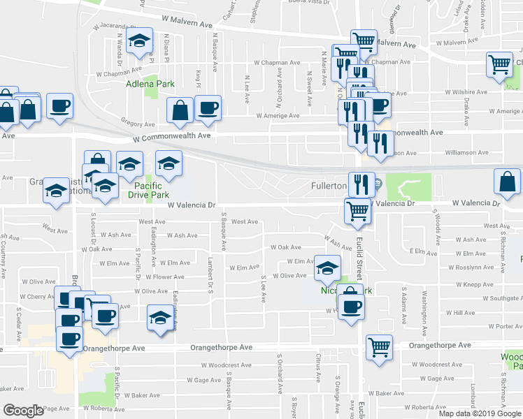 map of restaurants, bars, coffee shops, grocery stores, and more near 1305 West Valencia Drive in Fullerton