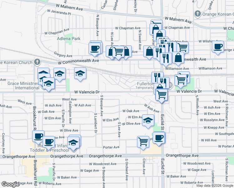 map of restaurants, bars, coffee shops, grocery stores, and more near 1305 West Valencia Drive in Fullerton