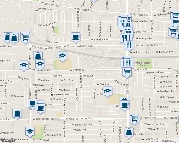 map of restaurants, bars, coffee shops, grocery stores, and more near 1305 West Valencia Drive in Fullerton