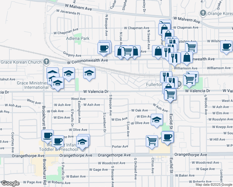 map of restaurants, bars, coffee shops, grocery stores, and more near 1343 West Valencia Drive in Fullerton