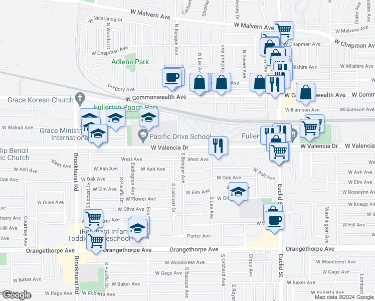 map of restaurants, bars, coffee shops, grocery stores, and more near 1343 West Valencia Drive in Fullerton
