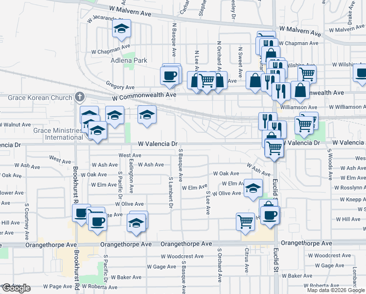 map of restaurants, bars, coffee shops, grocery stores, and more near 1343 West Valencia Drive in Fullerton