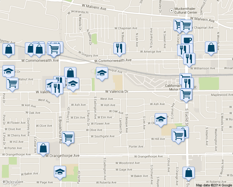 map of restaurants, bars, coffee shops, grocery stores, and more near 1401 West Valencia Drive in Fullerton