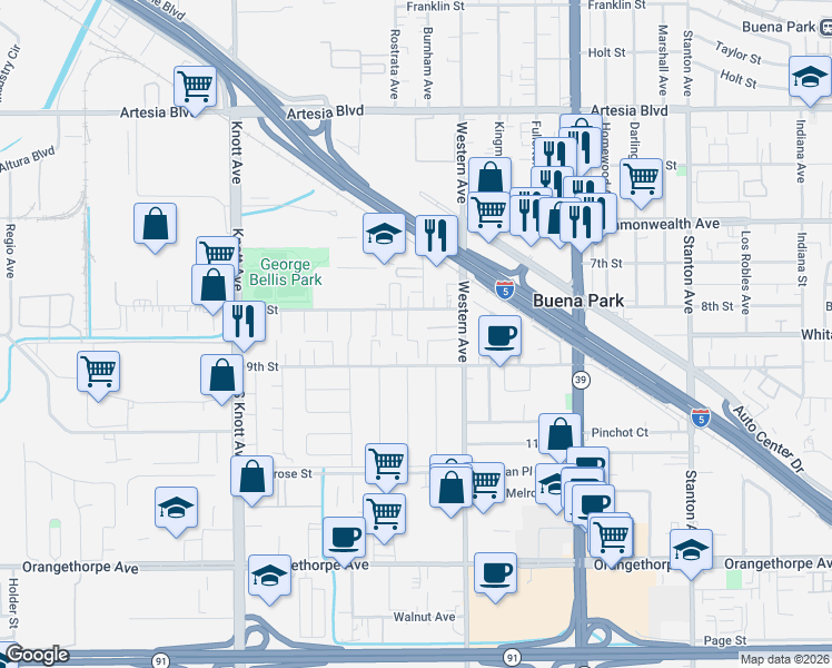 map of restaurants, bars, coffee shops, grocery stores, and more near 7340 8th Street in Buena Park