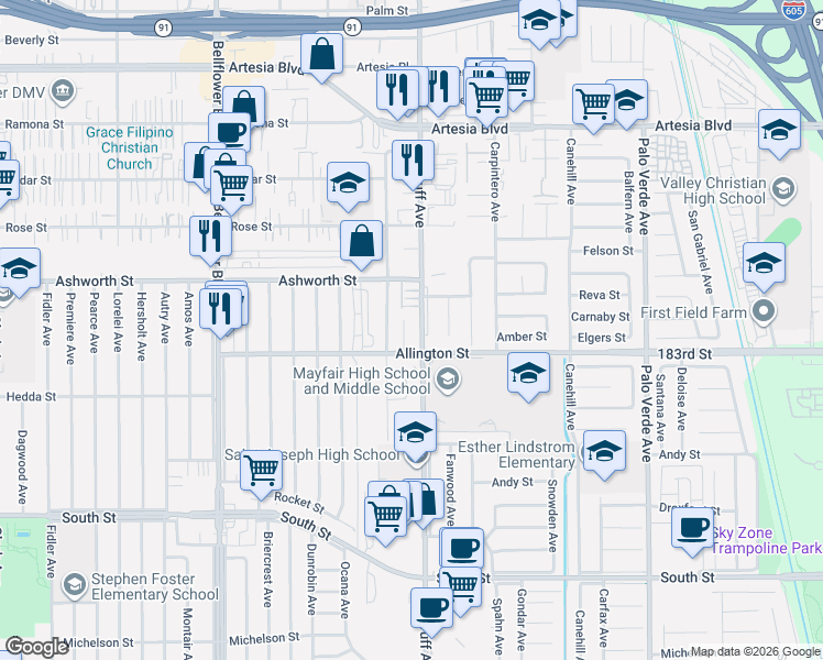 map of restaurants, bars, coffee shops, grocery stores, and more near 6151 Woodruff Avenue in Lakewood
