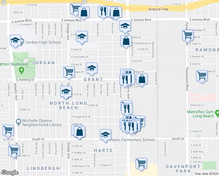 map of restaurants, bars, coffee shops, grocery stores, and more near 1702 East Harding Street in Long Beach