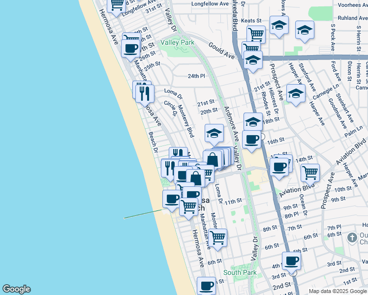 map of restaurants, bars, coffee shops, grocery stores, and more near 1900 Hermosa Avenue in Hermosa Beach