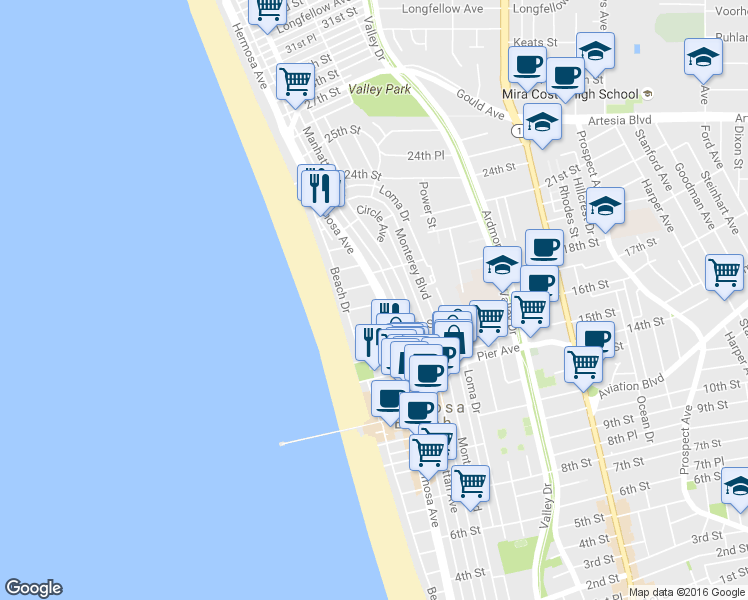 map of restaurants, bars, coffee shops, grocery stores, and more near 1900 Hermosa Avenue in Hermosa Beach