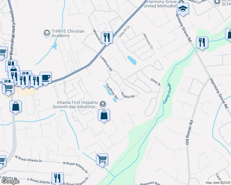 map of restaurants, bars, coffee shops, grocery stores, and more near 123 Gardenia Road in Tucker