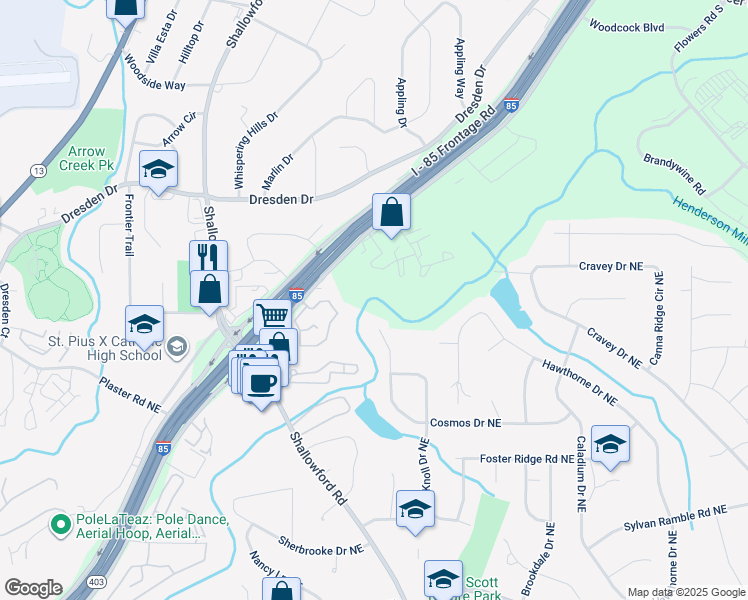 map of restaurants, bars, coffee shops, grocery stores, and more near 3081 Colonial Way in Chamblee