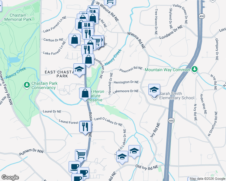 map of restaurants, bars, coffee shops, grocery stores, and more near 320 Lakemoore Drive Northeast in Atlanta