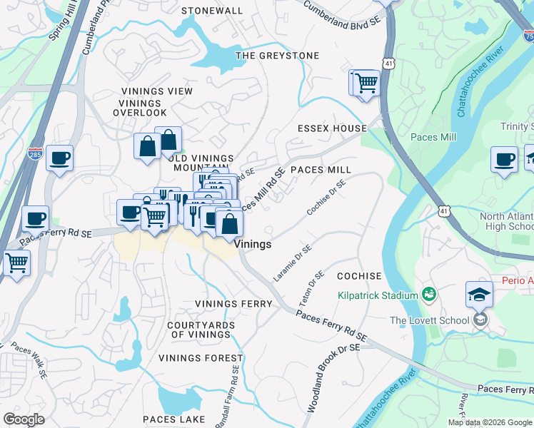 map of restaurants, bars, coffee shops, grocery stores, and more near 3585 Grove Gate Lane in Atlanta