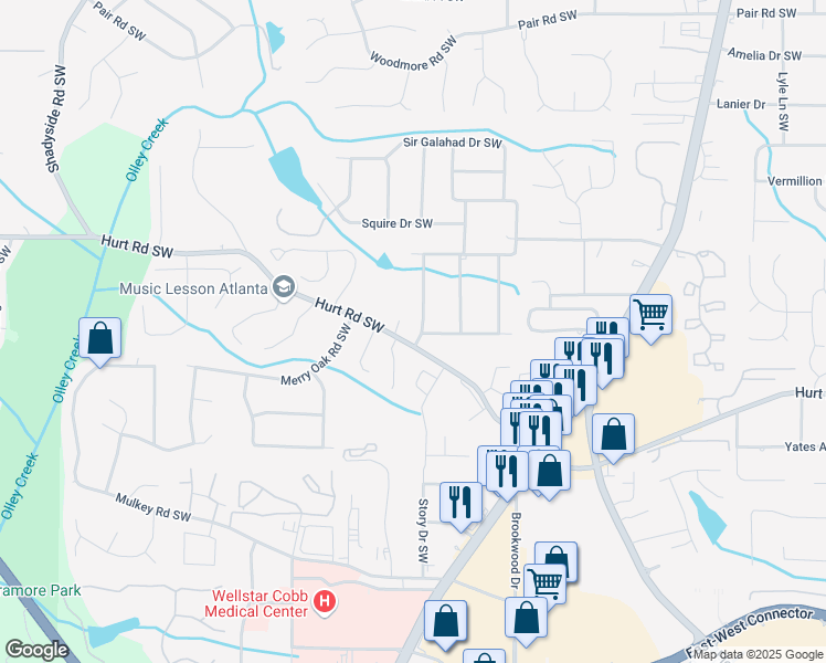 map of restaurants, bars, coffee shops, grocery stores, and more near 1646 Hurt Road Southwest in Marietta