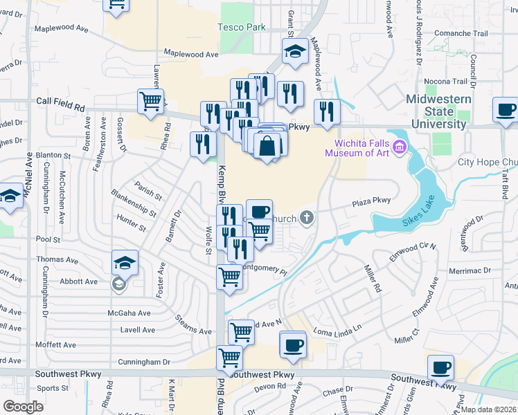 map of restaurants, bars, coffee shops, grocery stores, and more near 4217 Kemp Boulevard in Wichita Falls