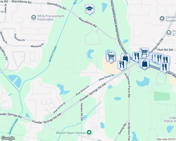 map of restaurants, bars, coffee shops, grocery stores, and more near 2950 Robertswood Drive in Powder Springs