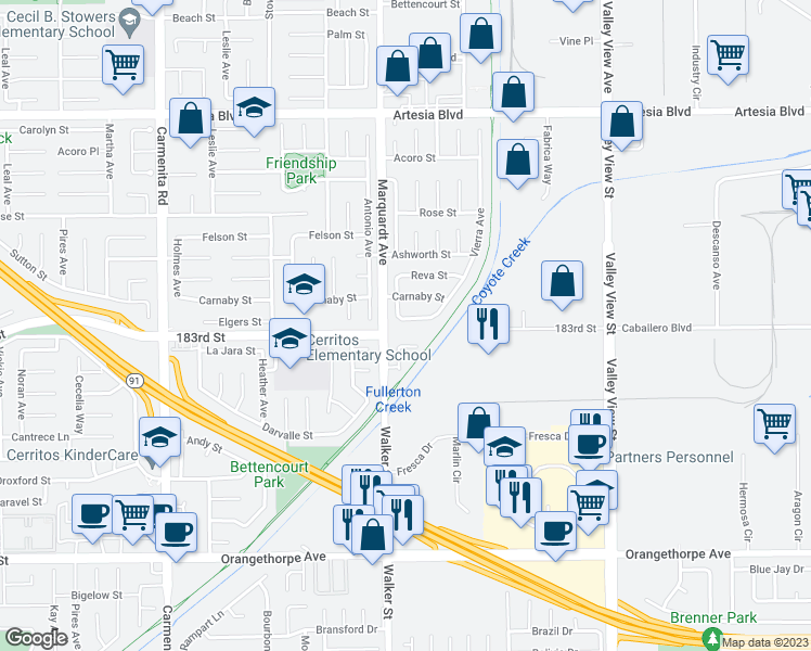 map of restaurants, bars, coffee shops, grocery stores, and more near 13822 Elgers Street in Cerritos