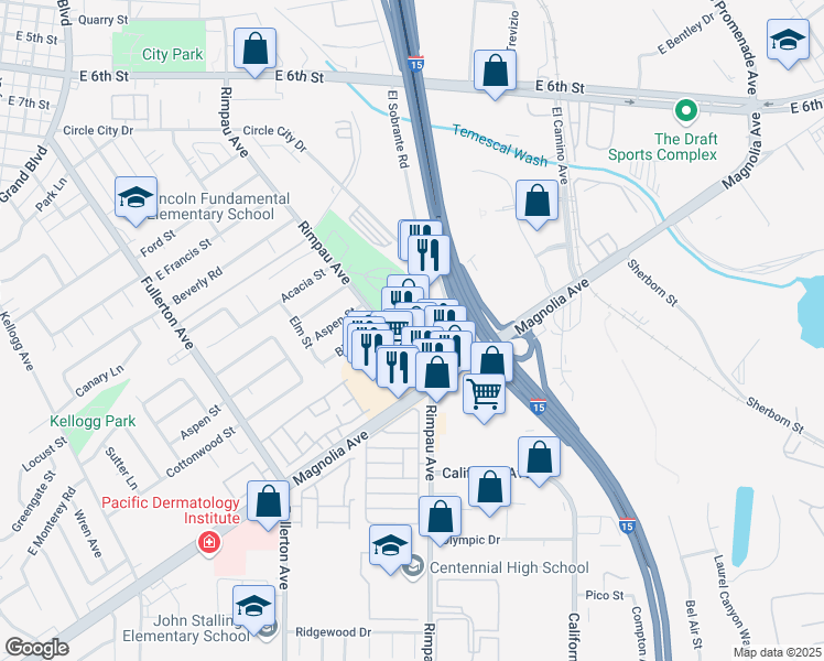 map of restaurants, bars, coffee shops, grocery stores, and more near 1295 Rimpau Avenue in Corona