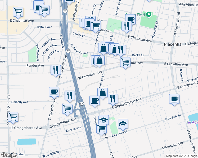 map of restaurants, bars, coffee shops, grocery stores, and more near 505 South Melrose Street in Placentia