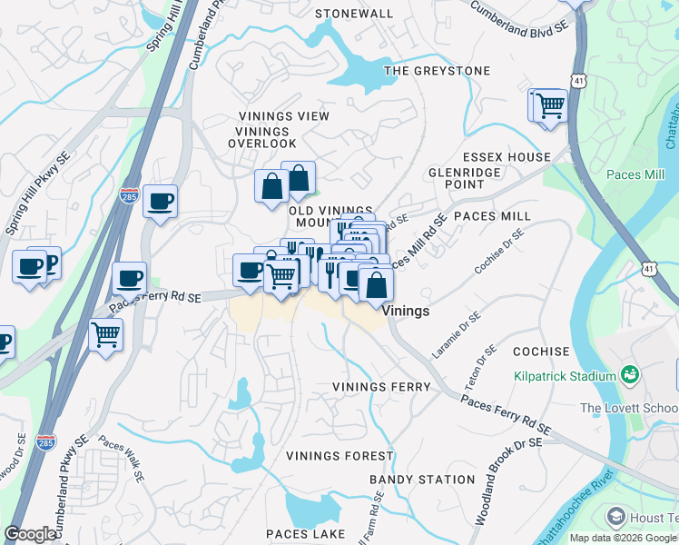 map of restaurants, bars, coffee shops, grocery stores, and more near 2931 Paces Ferry Road Southeast in Atlanta