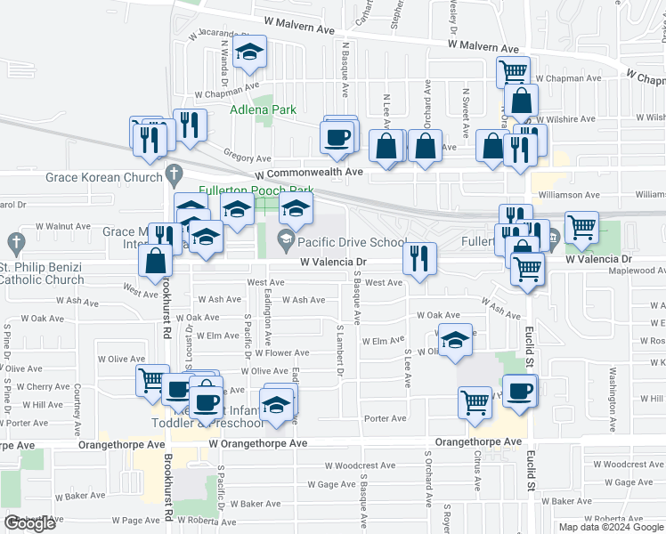 map of restaurants, bars, coffee shops, grocery stores, and more near 1436 West Valencia Drive in Fullerton