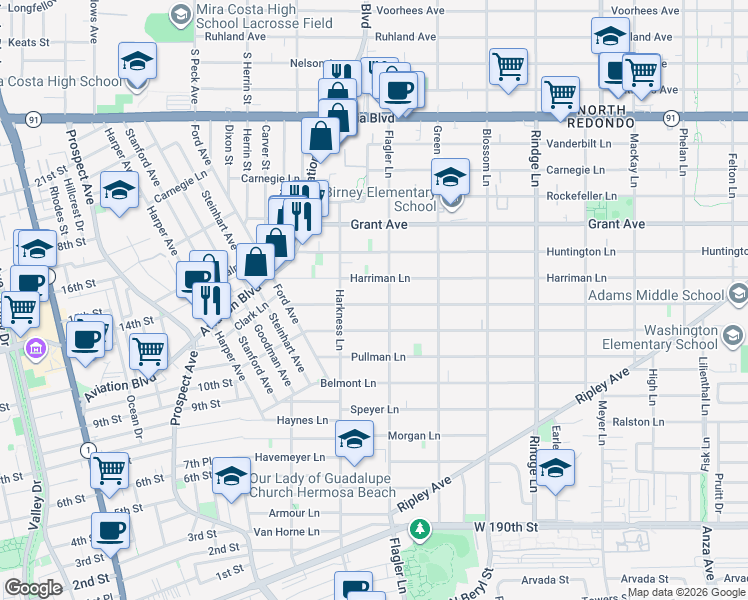 map of restaurants, bars, coffee shops, grocery stores, and more near 1817 Clark Lane in Redondo Beach