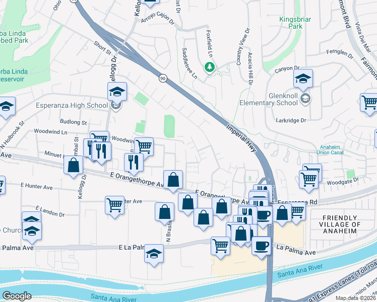 map of restaurants, bars, coffee shops, grocery stores, and more near 1768 Oak Knoll Drive in Anaheim