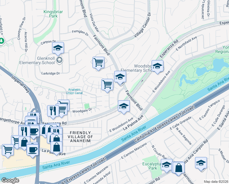 map of restaurants, bars, coffee shops, grocery stores, and more near 6567 Woodburn Lane in Yorba Linda