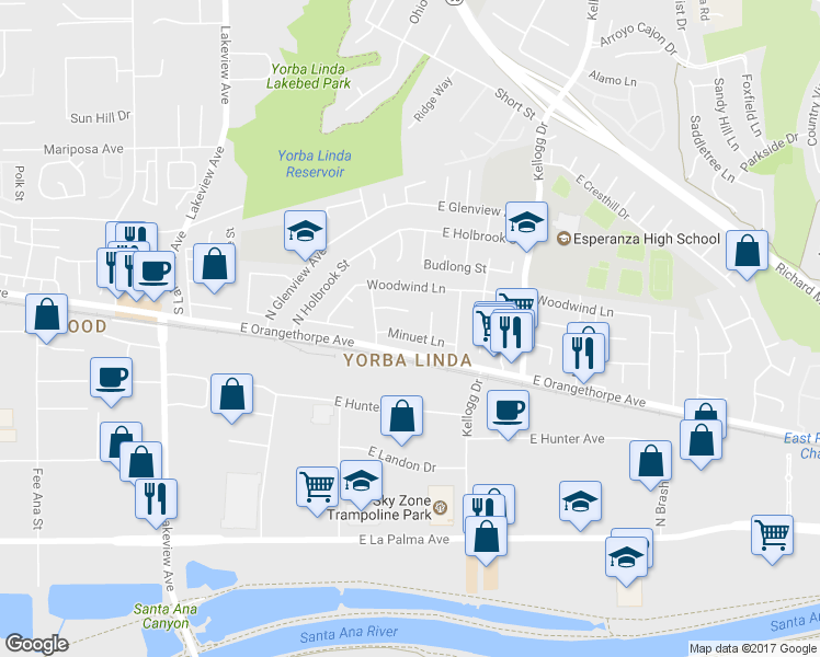 map of restaurants, bars, coffee shops, grocery stores, and more near 18571 East Tango Avenue in Anaheim