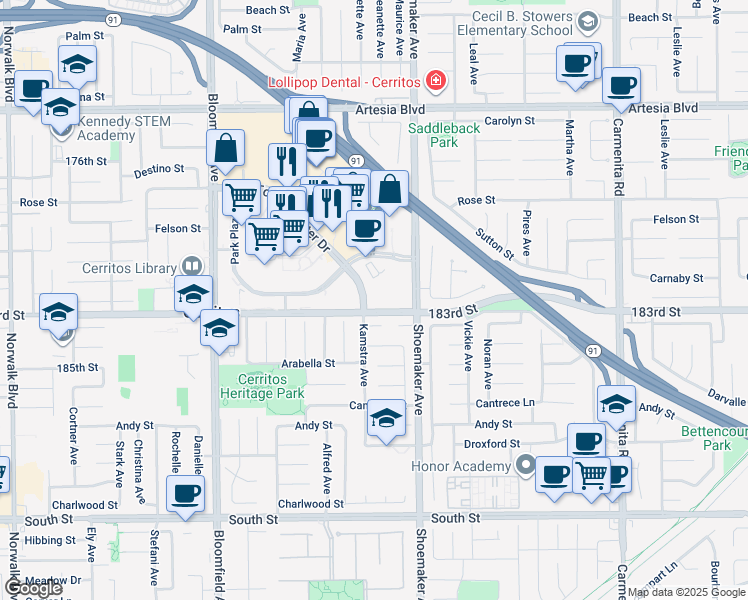 map of restaurants, bars, coffee shops, grocery stores, and more near 12911 183rd Street in Cerritos