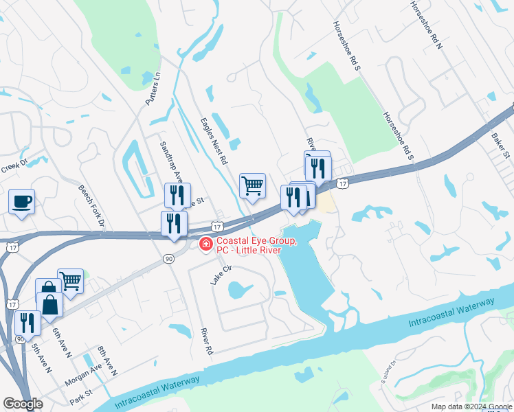 map of restaurants, bars, coffee shops, grocery stores, and more near 695 U.S. 17 in Little River