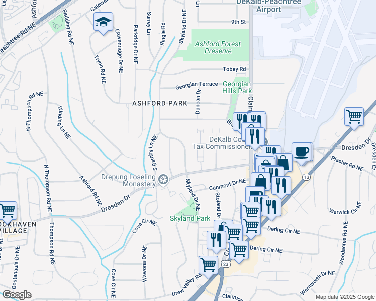 map of restaurants, bars, coffee shops, grocery stores, and more near 2717 Skyland Drive Northeast in Atlanta