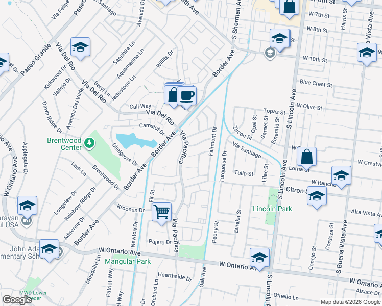 map of restaurants, bars, coffee shops, grocery stores, and more near 1283 Regent Circle in Corona