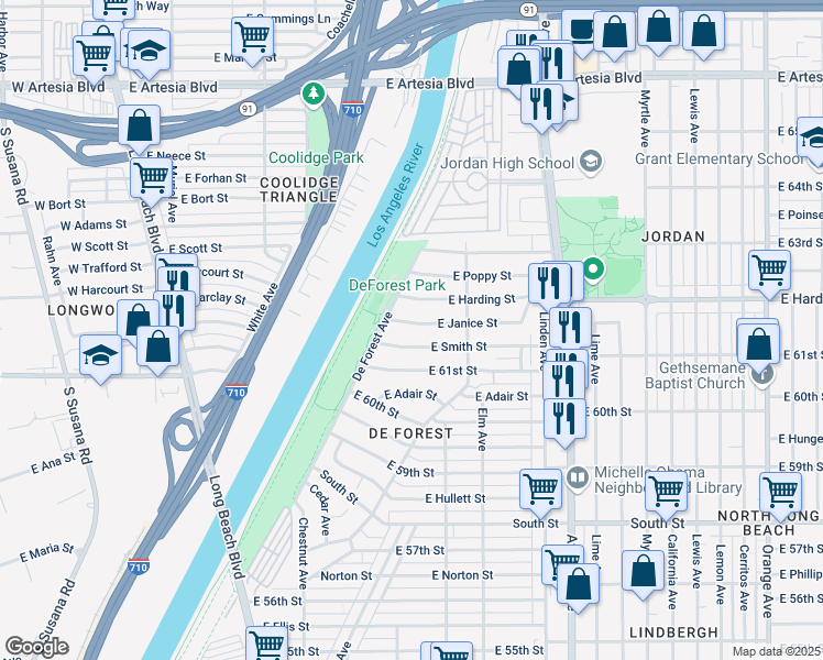 map of restaurants, bars, coffee shops, grocery stores, and more near 336 East Janice Street in Long Beach