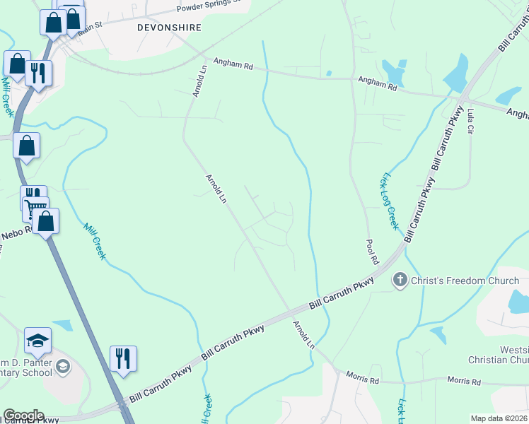 map of restaurants, bars, coffee shops, grocery stores, and more near 22 Mallard Glen Drive in Hiram