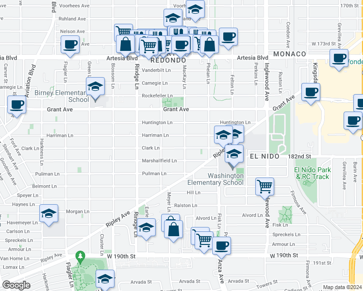 map of restaurants, bars, coffee shops, grocery stores, and more near 2321 Clark Lane in Redondo Beach