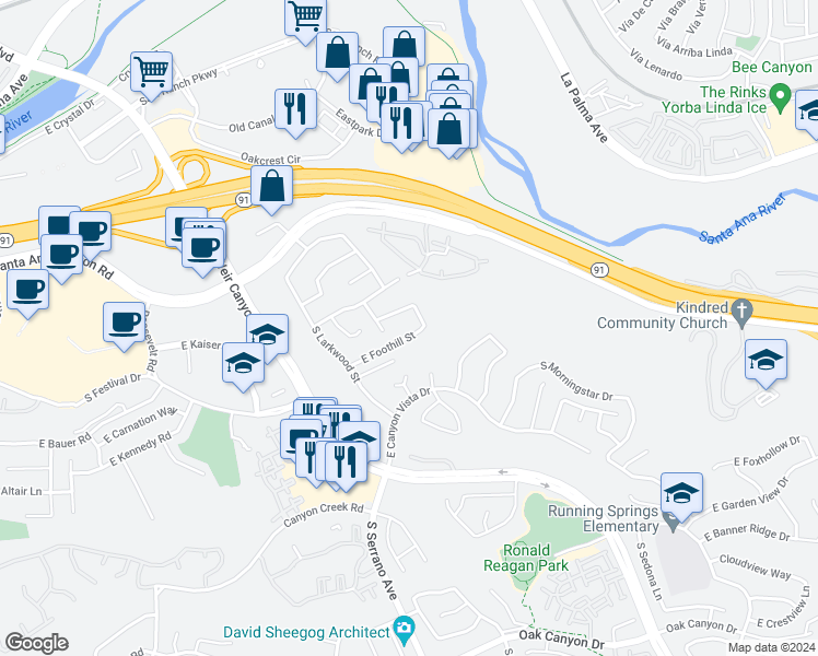 map of restaurants, bars, coffee shops, grocery stores, and more near 8475 East Foothill Street in Anaheim