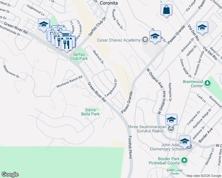 map of restaurants, bars, coffee shops, grocery stores, and more near 2225 Whiteoak Lane in Corona