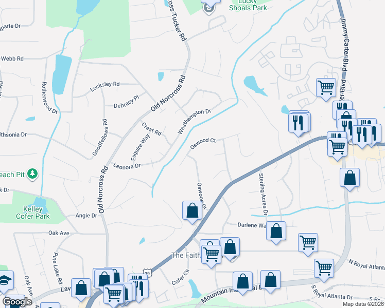 map of restaurants, bars, coffee shops, grocery stores, and more near 4594 Oswood Court in Tucker