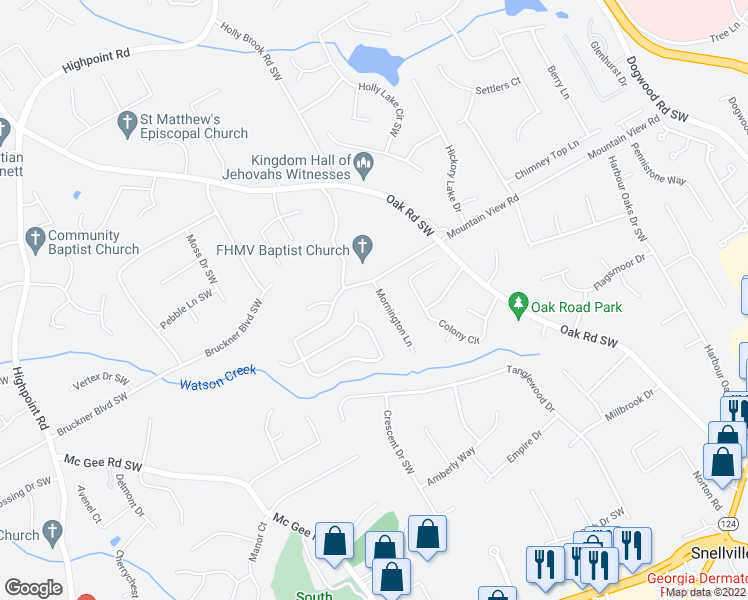 map of restaurants, bars, coffee shops, grocery stores, and more near 1819 Mornington Lane in Snellville