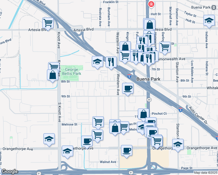 map of restaurants, bars, coffee shops, grocery stores, and more near 7413 Western Bay Drive in Buena Park