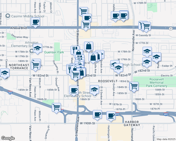 map of restaurants, bars, coffee shops, grocery stores, and more near 18107 Harvard Boulevard in Gardena