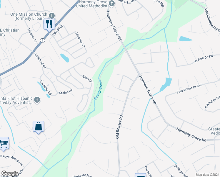 map of restaurants, bars, coffee shops, grocery stores, and more near 5834 Golden West Trail Southwest in Lilburn
