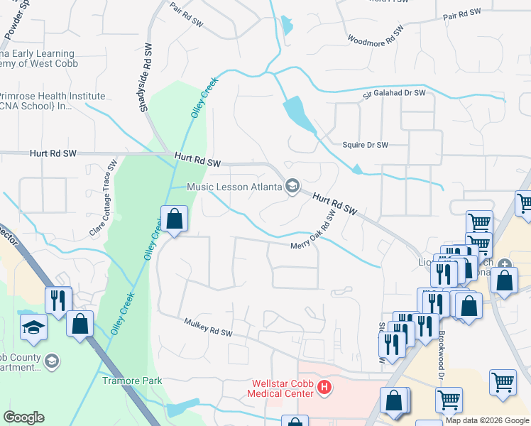 map of restaurants, bars, coffee shops, grocery stores, and more near 3554 Main Station Drive Southwest in Marietta