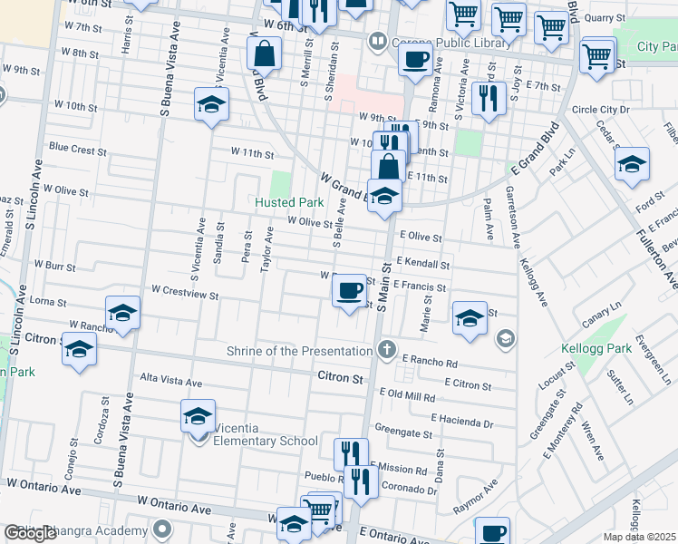 map of restaurants, bars, coffee shops, grocery stores, and more near 223 West Francis Street in Corona