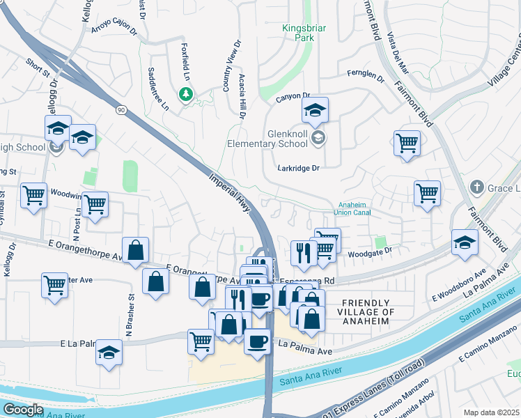 map of restaurants, bars, coffee shops, grocery stores, and more near 6631 Kameha Circle in Yorba Linda
