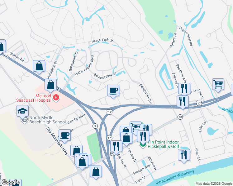 map of restaurants, bars, coffee shops, grocery stores, and more near 4357 Spa Drive in Little River