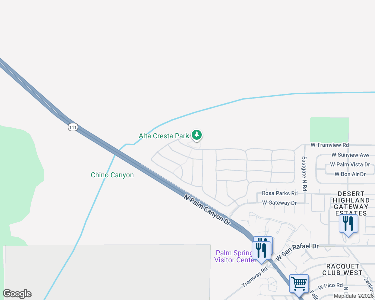 map of restaurants, bars, coffee shops, grocery stores, and more near 1151 Alta Cresta in Palm Springs