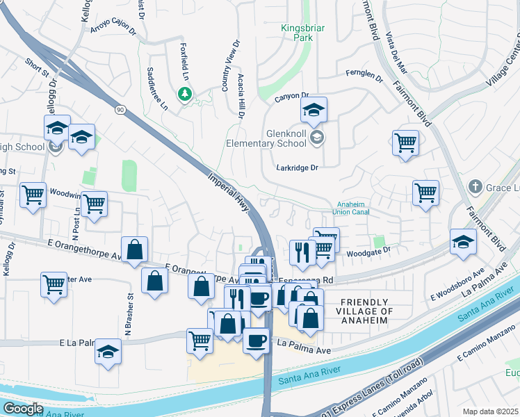 map of restaurants, bars, coffee shops, grocery stores, and more near 6631 Kameha Circle in Yorba Linda