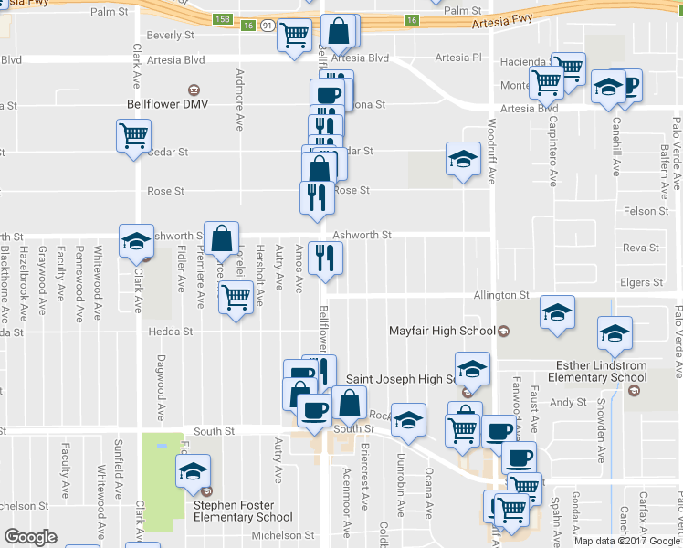 map of restaurants, bars, coffee shops, grocery stores, and more near 6127 Adenmoor Avenue in Lakewood